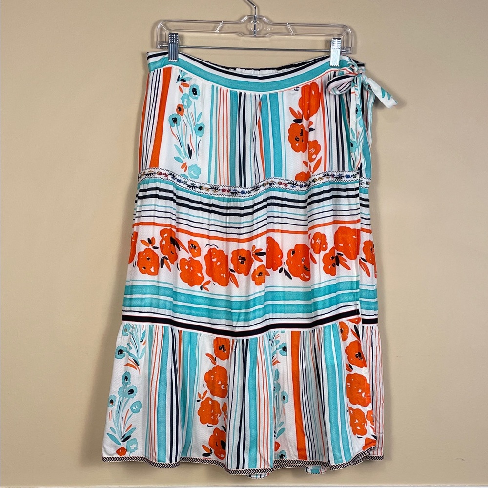 One September Women’s Boho Floral Embroidered Faux Wrap Tie-Waist Midi Skirt